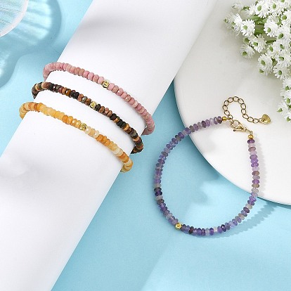 Natural Mixed Stone Faceted Rondelle Beaded Bracelets for Unisex, with Golden Tone Brass Corrugated Round Beads