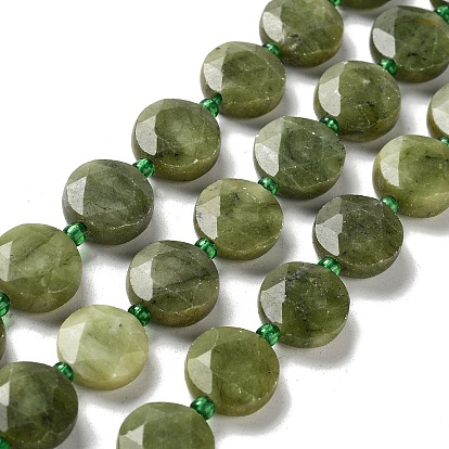 Natural Chinese Jade/Southern Jade Beads Strands, with Seed Beads, Faceted Hexagonal Cut Coin Beads, Flat Round
