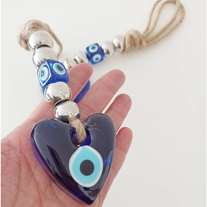 Heart with Evil Eye Glass Pendant Decorations, with Hemp Rope