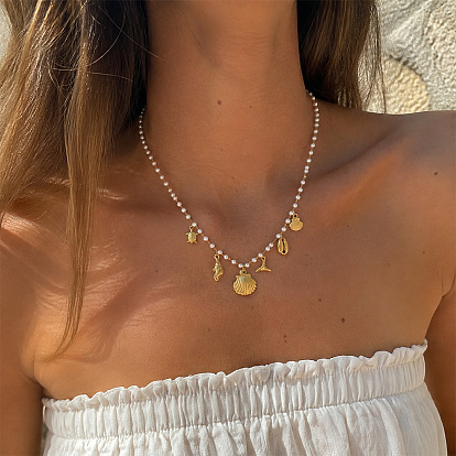 Ocean 304 Stainless Steel Shell Shape Turtle Multi Pendant Necklaces, with White Plastic Imitation Pearls
