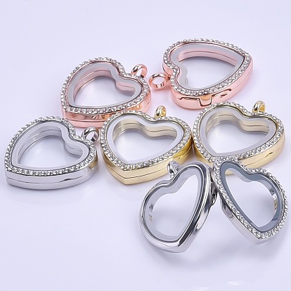 Alloy & Glass Floating Locket Pendants, with Rhinestone and Magnet, Heart Charm