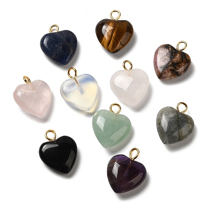 Gemstone Pendants, Heart Charms with Golden Plated Brass Loops