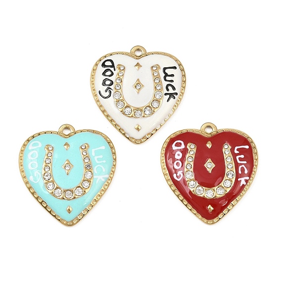 304 нержавеющей стальной эмали подвески, сердце с подковой и надписью «Удачи», со стразами, реальный 18 k позолоченный, вакуумные покрытия