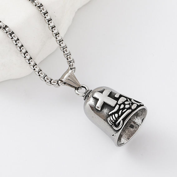Vintage 304 Stainless Steel Cross Bell Pendant Box Chain Necklaces for Women Men, Tarnish Free