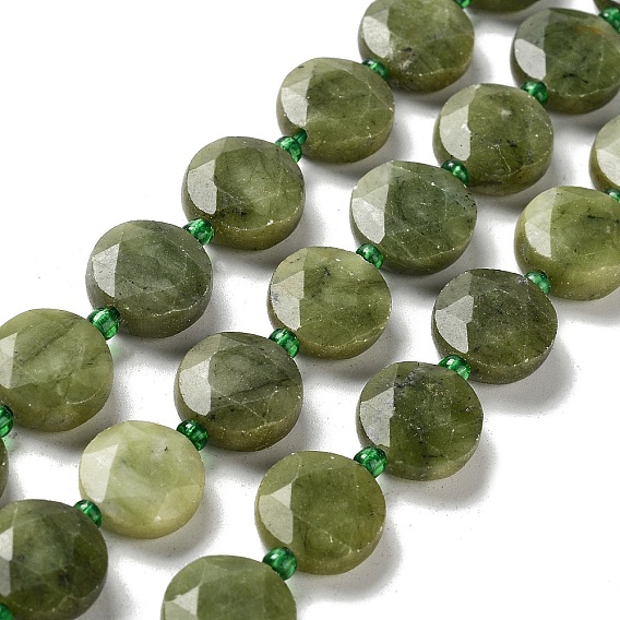 Natürliche chinesische Jade/südliche Jade Perlen Stränge, mit Glasperlen, facettierte, sechseckig geschliffene Münzperlen, Flachrund
