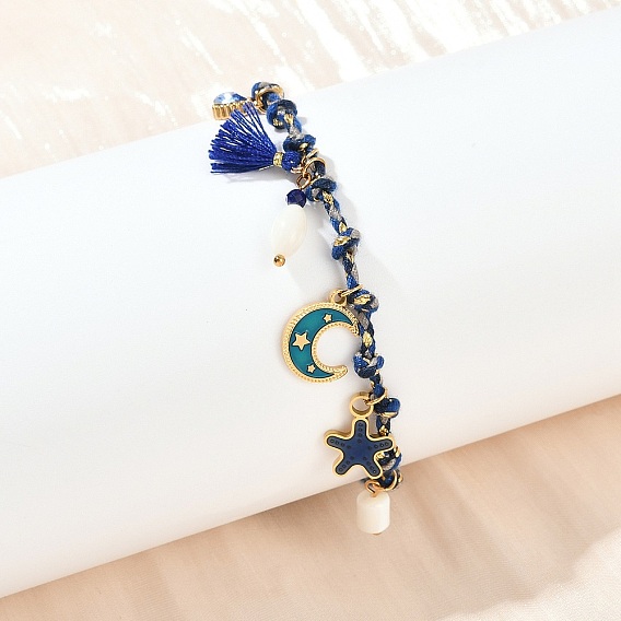 304 браслеты с подвесками из эмалированной нержавеющей стали, плетеные браслеты из хлопкового шнура для женщин, солнце и звезда, со стеклом и оболочкой, ионное покрытие (ip)
