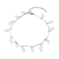 304 Stainless Steel Leaf Charm Anklets, with Bar Link Chains