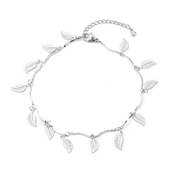 304 bracelets de cheville à breloque feuille en acier inoxydable, avec chaînes à maillons