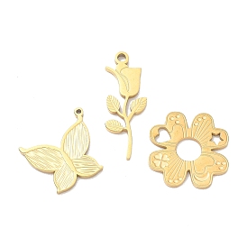 304 colgantes de acero inoxidable, dijes de flores/tréboles/mariposas, chapado en rack, larga duración plateado