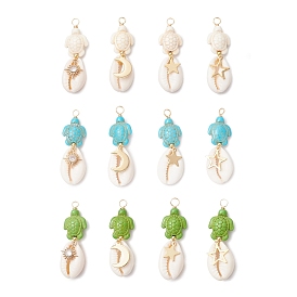 12Pcs 12 Styles Natural Cowrie Shell & Dyed Synthetic Turquoise Turtle Copper Wire Wrapped Pendants, with Stainless Steel Sun Moon Star Charms, Golden