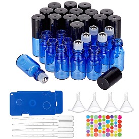 BENECREAT Glass Essential Oil Roller Bottles, with ABS Screw Lid and Stainless Steel Roller Balls, Plastic Bottle Openers, Disposable Plastic Dropper, Plastic Funnel Hopper, Sticker