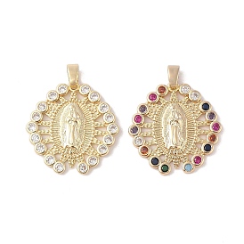 Brass Cubic Zirconia Pendants, Long-Lasting Plated, Oval with Holy Virgin Charms, Golden