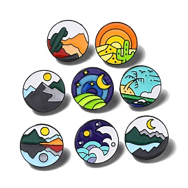 Mountain Scenery Series Enamel Pins, Round Black Alloy Brooch, Mountain/Moon/Cactus/Coconut Tree