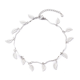 304 Stainless Steel Leaf Charm Anklets, with Bar Link Chains