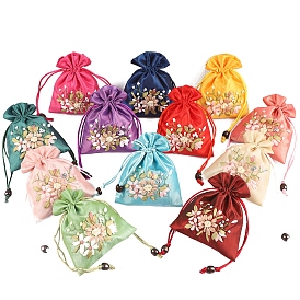Flower Pattern Satin Jewelry Packing Pouches, Drawstring Gift Bags, Rectangle
