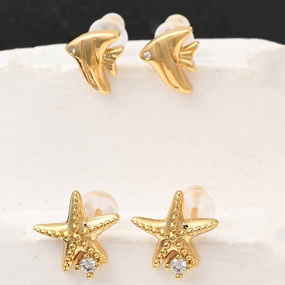 Серьги-гвоздики из латунного микро-паве, с 316 хирургическими штифтами из нержавеющей стали, без никеля , реальный 18 k позолоченный