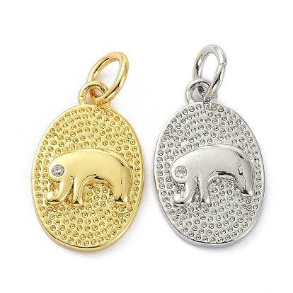 Rack Plating Brass Rhinestone Pendants, with Jump Ring, Long-Lasting Plated, Textured, Oval with Elephant, Crystal