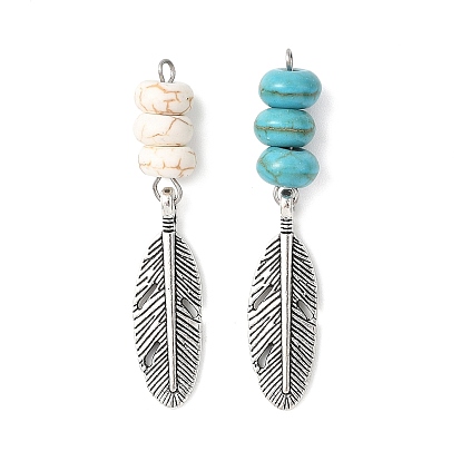 2 шт. 2 подвески из синтетической бирюзы, окрашенной в разные цвета, с пером из сплава в тибетском стиле, античное серебро