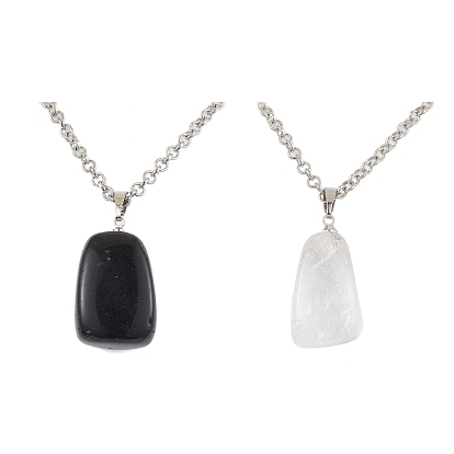 2Pcs 2 Styles Iron Rolo Chains Necklaces, Natural Dyed & Heated Black Agate and Quartz Crystal Pendant Necklaces