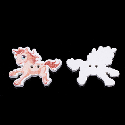 2-Hole Printed Wooden Buttons, Lead Free, Dyed, Unicorn