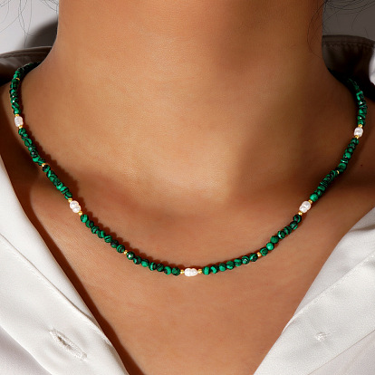 Ожерелья из синтетического малахита в этническом стиле для женщин с круглыми гранеными бусинами