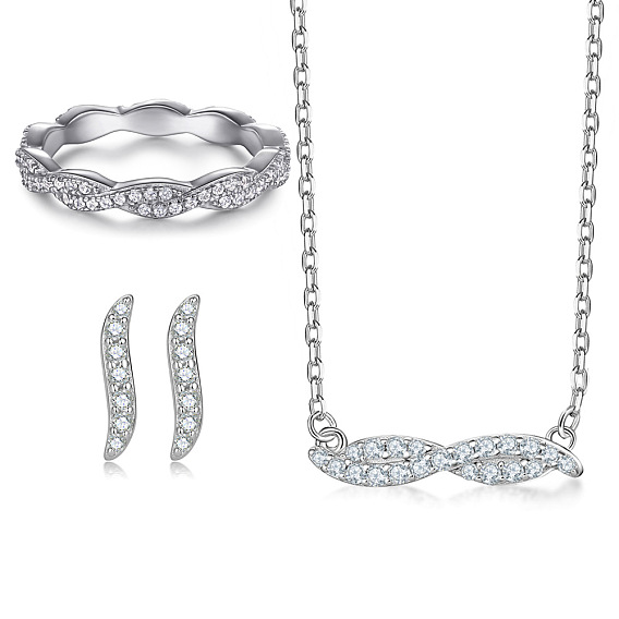 Chic Sterling Silver Jewelry Set with Twisted Rope Ring, Elegant Stud Earrings and CZ Pendant Necklace for Women