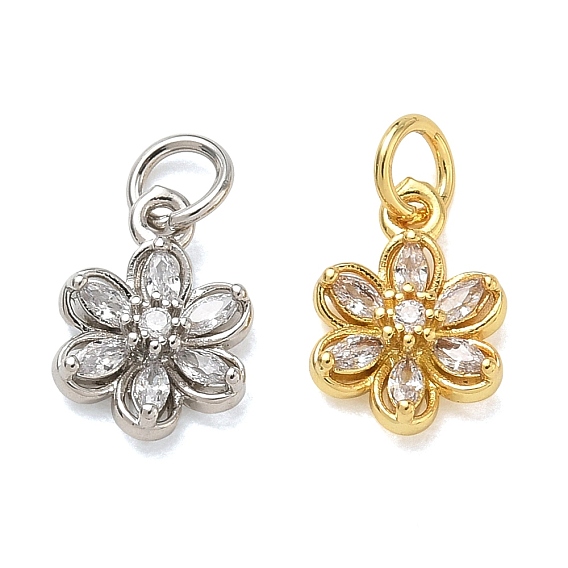 Brass Micro Pave Clear Cubic Zirconia Charms, Flower Charms, Rack Plating, Long-Lasting Plated, Cadmium Free & Lead Free