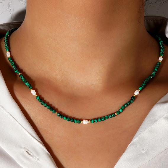Ожерелья из синтетического малахита в этническом стиле для женщин с круглыми гранеными бусинами