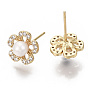 Brass Micro Clear Cubic Zirconia Stud Earrings, with ABS Plastic Imitation Pearl Beads, Flower, Real 18K Gold Plated