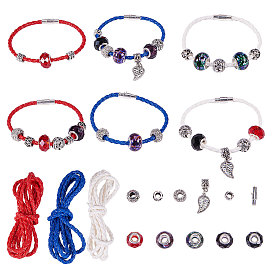 DIY Bracelets Making, with Brass Magnetic Screw Clasps, Korean PU Cord, White, Glass European Beads and Alloy European Beads
