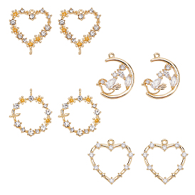 Brass Micro Pave Cubic Zirconia Links Connectors, Nickel Free, Real 18k Gold Plated, Heart & Moon & Flat Round, Clear
