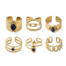 6 pcs 6 style larme, étoile et rectangle 304 ensemble d'anneaux de manchette ouverts en acier inoxydable, anneaux empilables en lapis-lazuli naturel