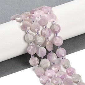 Natural Kunzite Beads Strands, Faceted Pentagonal Cut, Flat Round, with Seed Beads