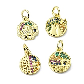 Brass Micro Pave Colorful Cubic Zirconia Pendants, with Jump Ring, Flat Round/Flower Charm