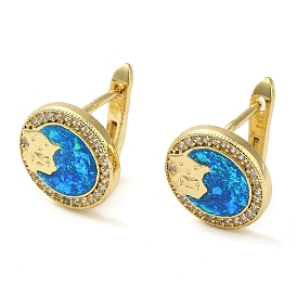 Flat Round with Bear Rack Plating Brass Micro Pave Cubic Zirconia Hoop Earrings, with Synthetic Opal, Cadmium Free & Lead Free, Long-Lasting Plated