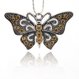 Старинные бабочка выводы кулон ожерелье, Подвески из сплава и страза, античное серебро, 37x67x7 мм, отверстие : 4 мм