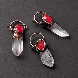 Natural Quartz Crystal Big Pendants, Rock Crystal, with Red Glass and Red Copper Tone Tin Findings, Lead & Nickel & Cadmium Free, Nuggets