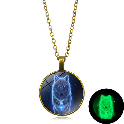 Luminous Glow in the Dark Glass Wolf Pendant Necklace with Alloy Chains