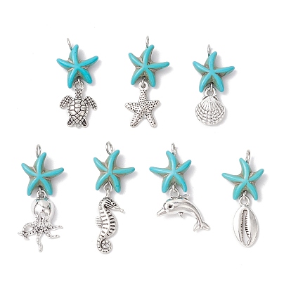 7 шт. 7 стили подвески из драгоценных камней, морских звезд и сплавов, морских животных, морские подвески с петлями из медной проволоки, античное серебро