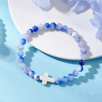 Эластичные браслеты из бусин персидского нефрита, окрашенных натуральными красителями, для женщин., с синтетическим бирюзовым крестом