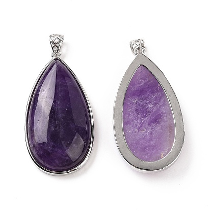 Natural Amethyst Big Pendants, Teardrop Charms, with Platinum Brass Findings, Cadmium Free & Lead Free