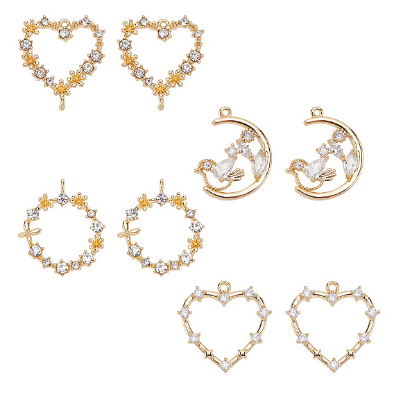 Brass Micro Pave Cubic Zirconia Links Connectors, Nickel Free, Real 18k Gold Plated, Heart & Moon & Flat Round, Clear