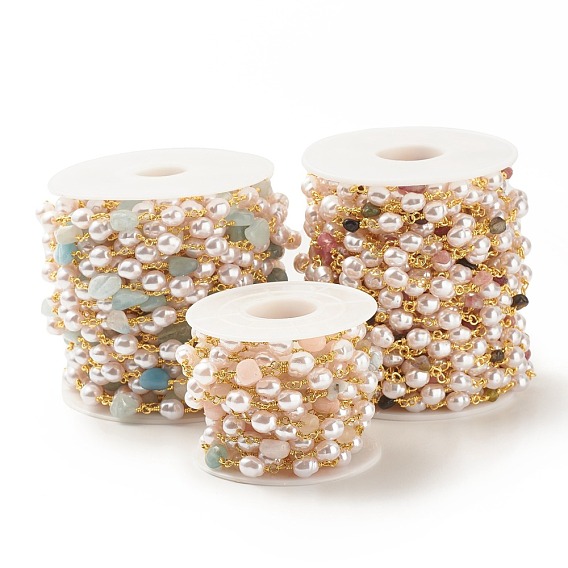 Natural Gemstone Chips & ABS Pearl Beaded Chains, with Gold Plated Brass Findings, Long-Lasting Plated, Soldered, with Spool