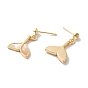 Whale Tail Shape Brass with Natural Shell Dangle Stud Earring Findings, Earring Settings for Half Drilled Beads