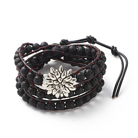 Natural Lava Rock Triple Layered Wrap Bracelet with Alloy Lotus, Essential Oil Gemstone Braided Bracelet for Women