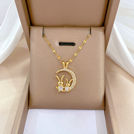 Luxury Necklace with Moon Rabbit Pendant - Palace Style, Full Diamond Inlay.