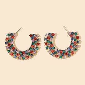Colorful C-shaped Alloy Earrings with Sparkling Diamonds and Hollow Square Design