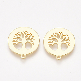 Brass Pendants, Nickel Free, Real 18K Gold Plated, Flat Round with Tree