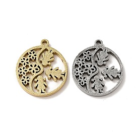 304 Stainless Steel Textured Pendants, Hollow, Flat Round with Girl & Flower