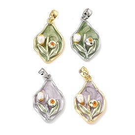 Латунь эмаль подвески, с натуральным пресноводным жемчугом и акрилом, неправильный овал с цветочным шармом
